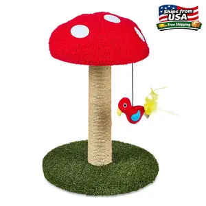 VL Deluxe Jute Mushroom Cat Scratching Post with Dangling Bird Toy, Multicolor
