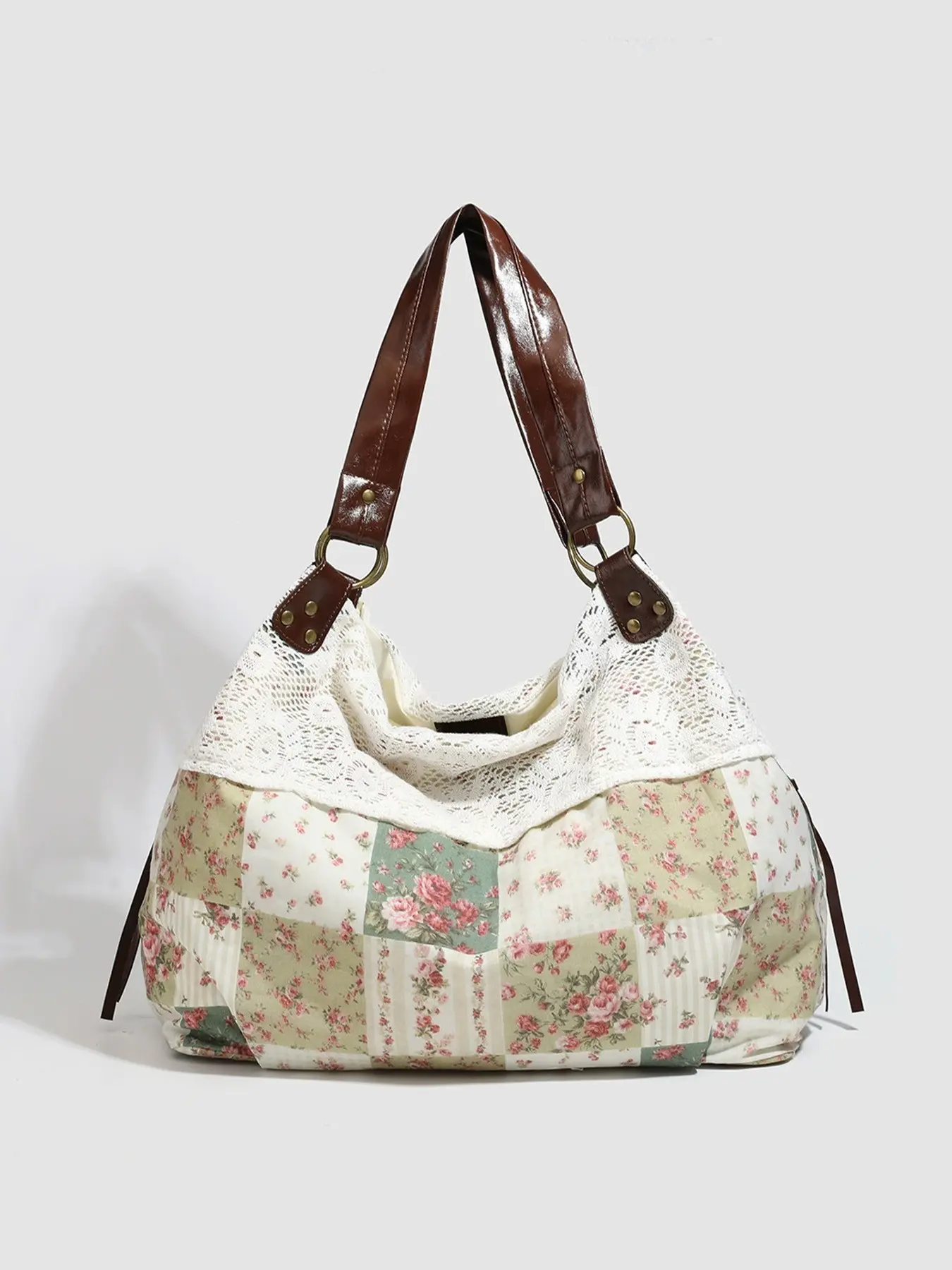 1pc Ladies' vintage flower patchwork floral lace shoulder bag, vintage leather shoulder strap large capacity underarm bag, suitable for daily commuting, shopping, dating, gift giving, ladies' essential tote bag