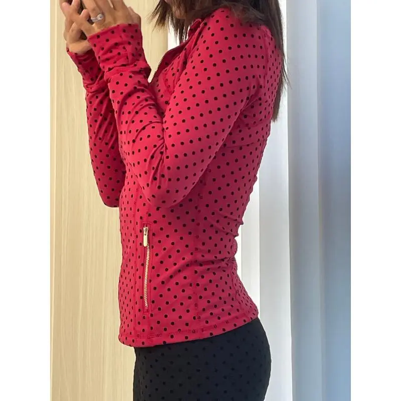 Women 2026 4Season Polka Dot SlimFit Mock Neck QuickDry Black Activewear Coat Embossed Flocking Tech Sportswear Jacket Gym Essential Athletic Outerwear