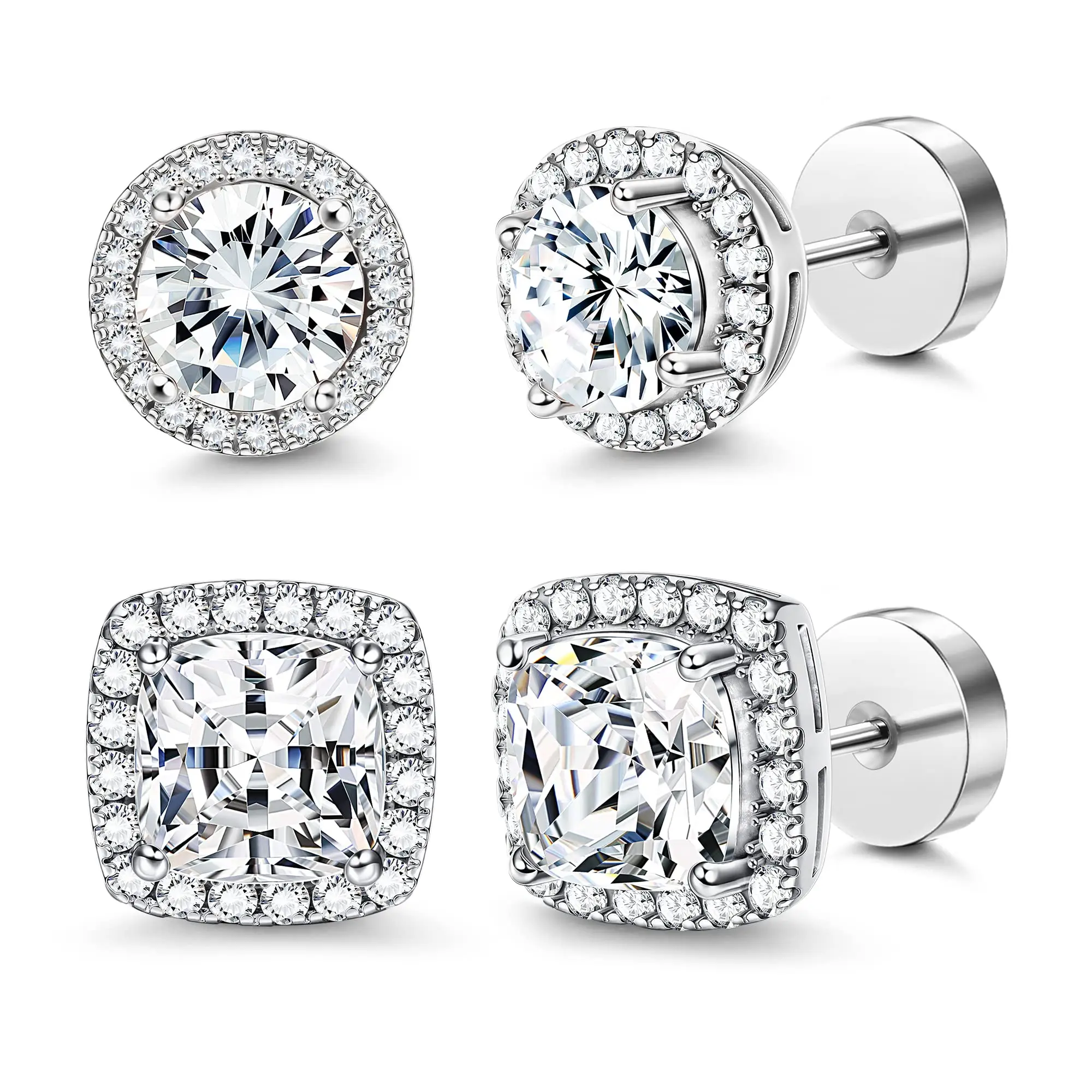 FASACCO Flat Back Cubic Zirconia Earrings - Round, Square Fashion Studs for Men, Elegant Jewelry, Men's Accessories, Durable Flatback Costume Jewelry for Black Friday, Summer Vibes,summeroutfits,vacationoutfits,beachoutfits