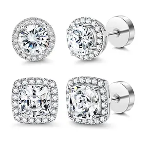 FASACCO Flat Back Earrings Round Square Studs for Men Women Earring Stacks Large Cubic Zirconia Studs Durable Flatback Accessories Men Elegant Jewelry BlackFriday Summervibes