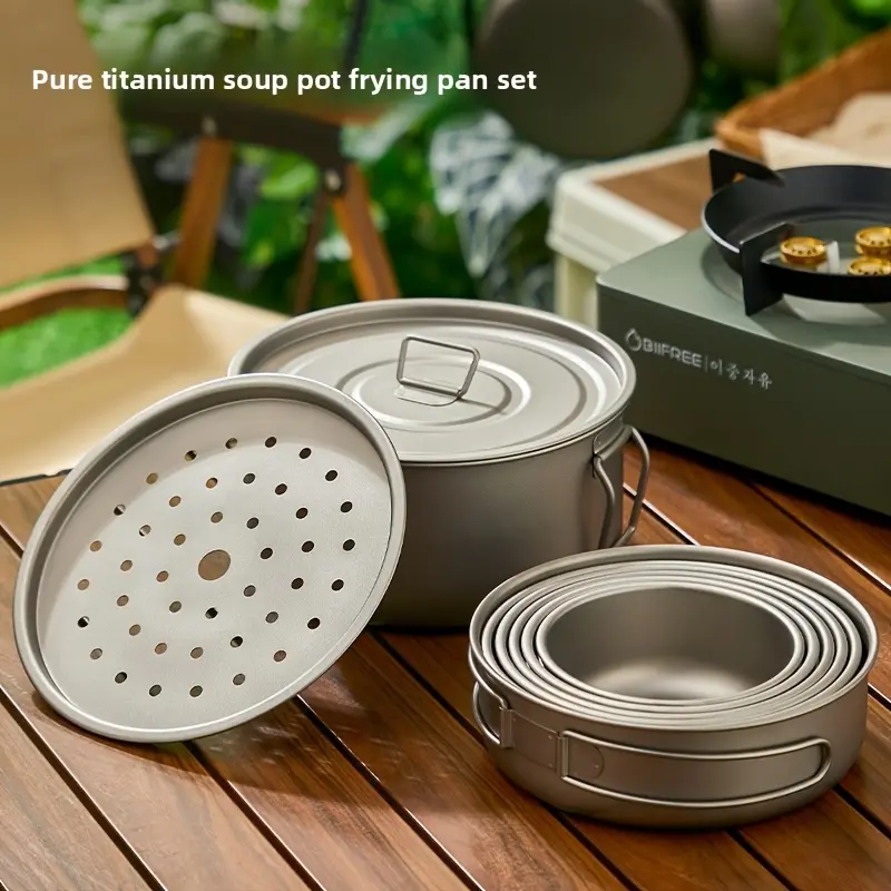 Outdoor Titanium Pot with Pan Set with Collapsible Folding Handle for Outdoor Camping Cooking Hiking Backpacking Portable Cookware