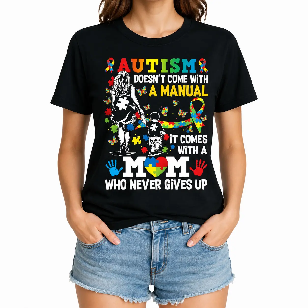 Premium Soft Cotton Unisex Women's Short-Sleeve T-Shirt, Autism Mom Never Gives Up Graphic Print, Puzzle Ribbon Crew Neck Top, Autism Awareness Fabric, Summer Birthday Gift Casual Daily Sport Top