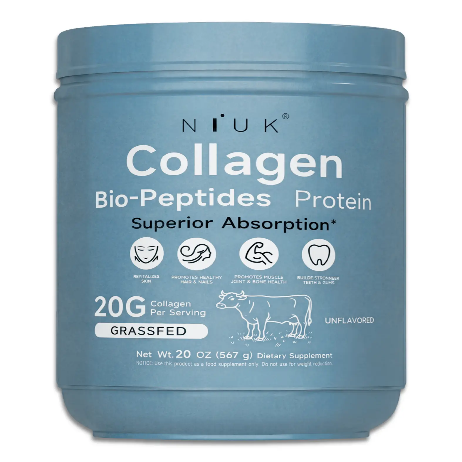 Niuk Collagen Peptides Powder 20oz - Grassfed Protein Supplement - Advanced with 18 Essential Amino Acids - Unflavored