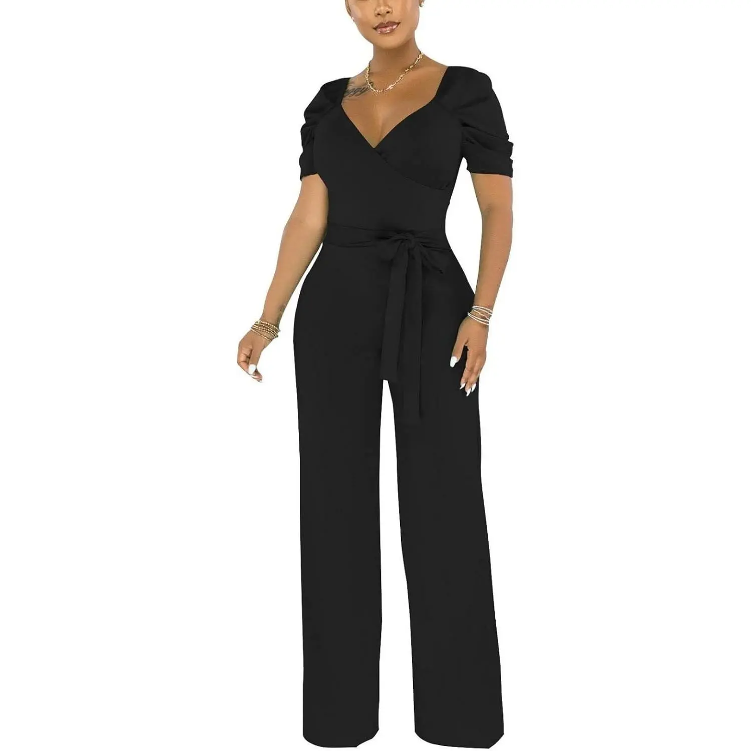 Women's Elegant V-Neck Formal Wear Rompers Suit, Dressy Wide-Leg Clothes for Evening Parties