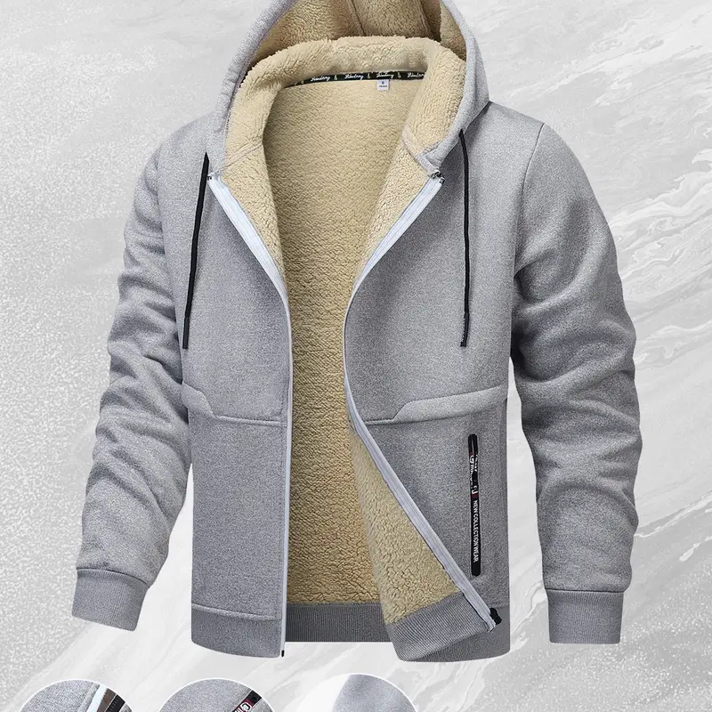 Men's Classic Fitted Woven Fleece-Lined Hooded Jacket - Casual Plain Windproof Coat with Adjustable Hood, Ribbed Hem, Beige