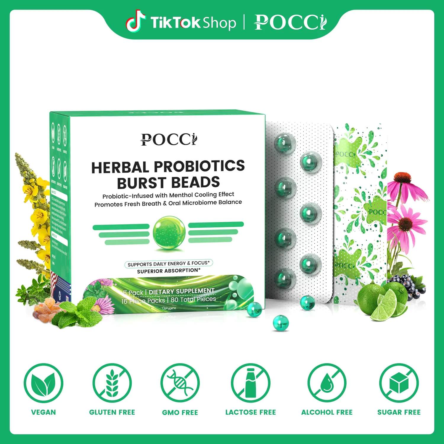 Pocci Probiotics-Infused Herbal Burst Beads with Mullein & Thyme, Adult Wellness Supplement, Pocket-Ready Multi-Pack (80 Beads) for Respiratory & Throat Maintenance, Minty, Sugar-Free, Gluten-Free, Balances Mouth