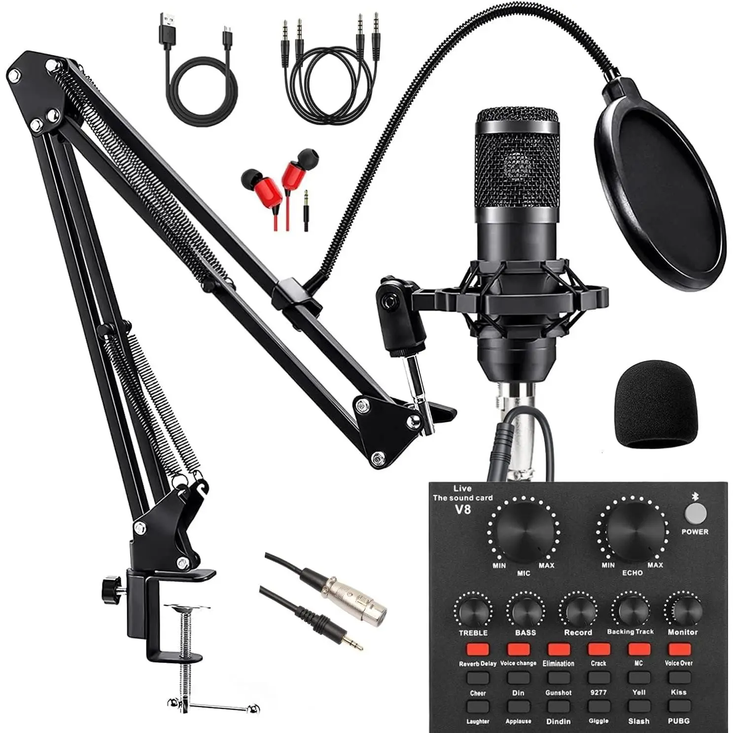 Podcasting Equipment Bundle with BM800 Condenser Mic, V8 Sound Card, Scream Voice Changer, 3.5mm Headphone Jack Audio Interface, Adjustable Mic Arm - DSP Intelligent Noise Reduction, Compatible with PS4, iOS, Android, Computers (V8-Black)