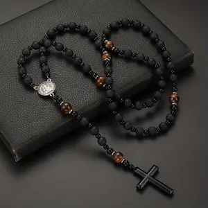 Natural Rock Black Agate Yellow Tiger Eye Tag Cross Pendant Rosary Necklace Jewelry For Men And Women