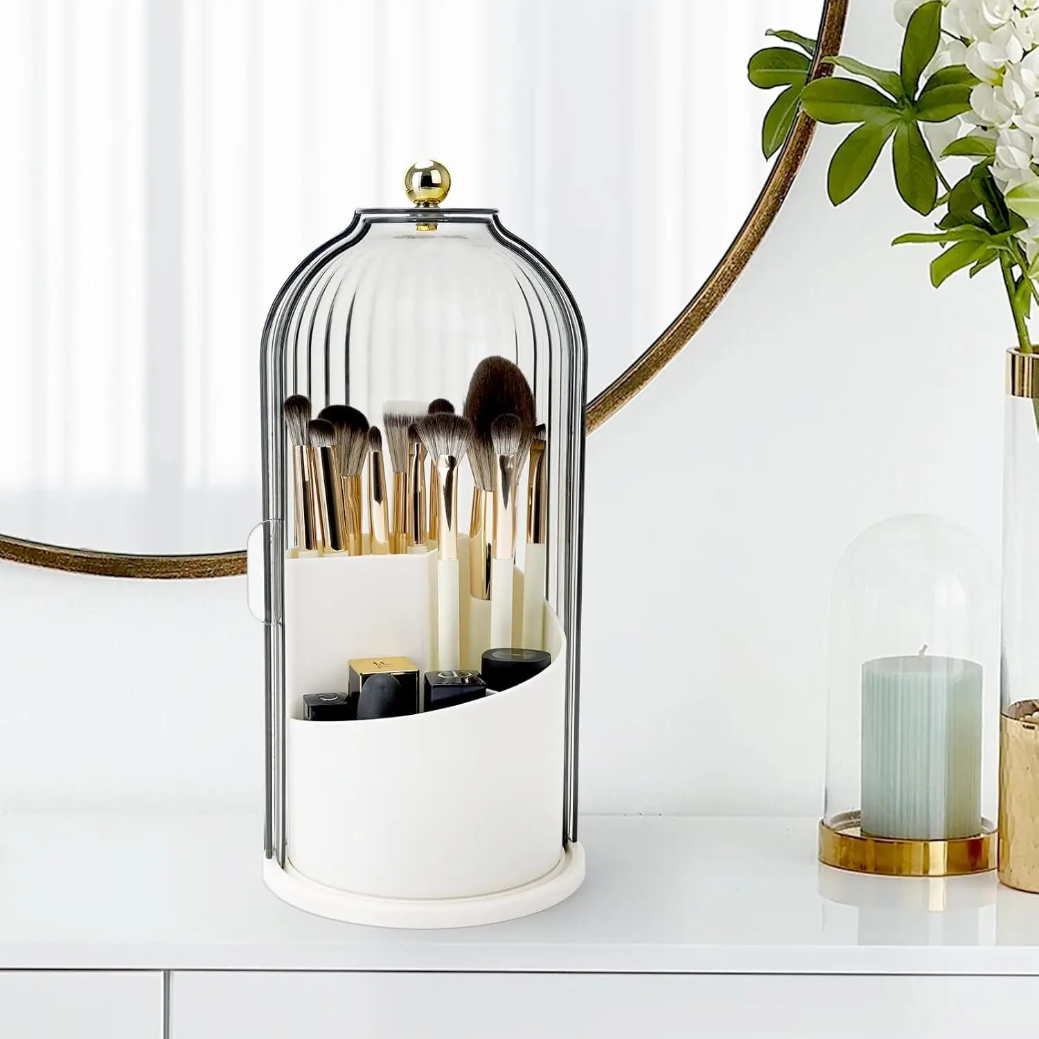 Waterproof Rotating Beauty Organizer - Multifunctional Makeup Organizer Box with Dustproof Makeup Brush Cylinder, 3-Compartment Toothbrush Holder, Ideal for Bathroom Countertops, Vanity Tables