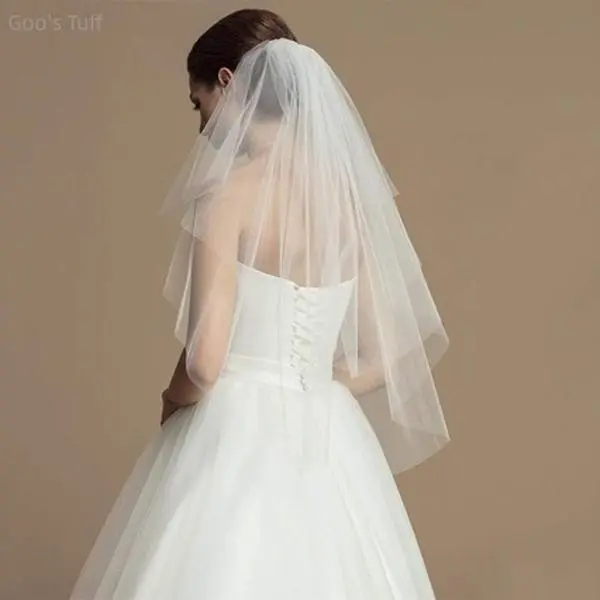 Bridal Veil for Brides - Short Length 2-Tulle Layers Dual-Tone Plain Mesh Wedding Accessory with Attached Hair Comb, White/Ivory for Wedding Ceremony, Registry
