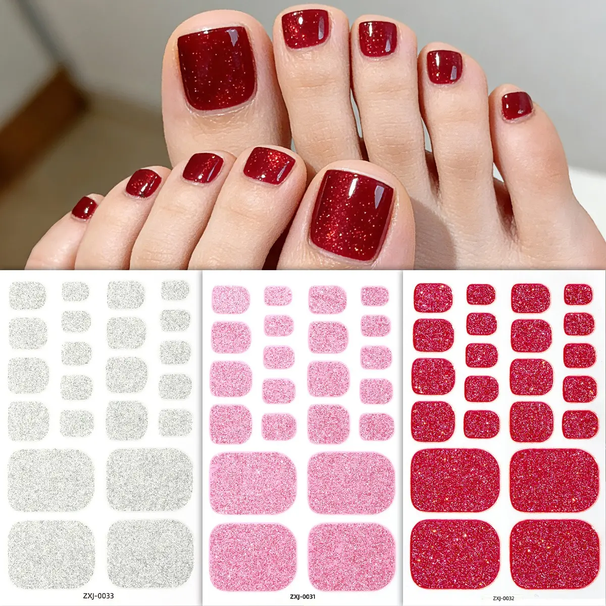3 Sheets Toe Nail Wraps, Summer&Spring Toe Nail Strips, Red Solid Glitter Design, Long-Lasting Self-Adhesive Toe Nail Stickers, Easy to Apply&Remove, for Women&Girls, DIY Crazy Nail Art Salon Quality, Travel&Daily Wear, Nail Art Supplies, Nail Accessories