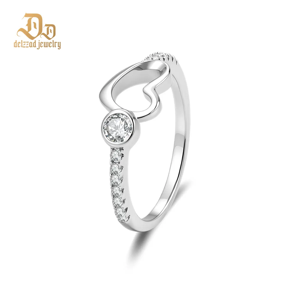DELZZAD 14K Gold-Plated 0.3ct Petite Amour Ring EverLove Band Heart Promise Ring VVS Synthetic Moissanite Ring Jewelry Copper Band Perfect Birthday Engagement Wedding Anniversary Christmas Valentine's Day Mother's Day Gift