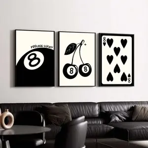 3pcs 8 Ball Lucky Wall Art Picture 8 Of Hearts Canvas Prints Paintings Cherries Poster Retro Decor For Bedroom, Living Room, Apartment ,Dorm Wall Decor Unframed