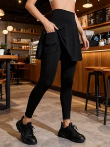 One-piece women's fake, two-piece skirt-style pocket yoga pants, high-waisted, high-elasticity, cross-covering and anti-glare culottes, fitness pants