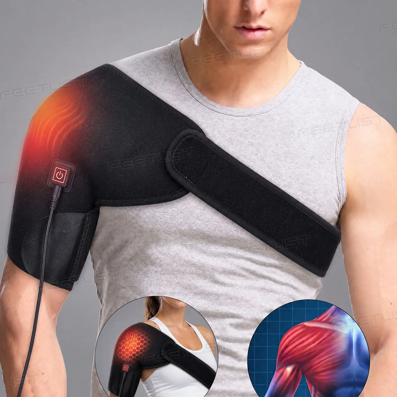 FEETLIST，Heated Shoulder Brace for Cold Relief, Adjustable Support Wrap with 3 Heat Settings for Men and Women, Keeps Arm and Leg Warm, Ideal Gift for Parents, Keeps Arm Warm, Battery-Powered