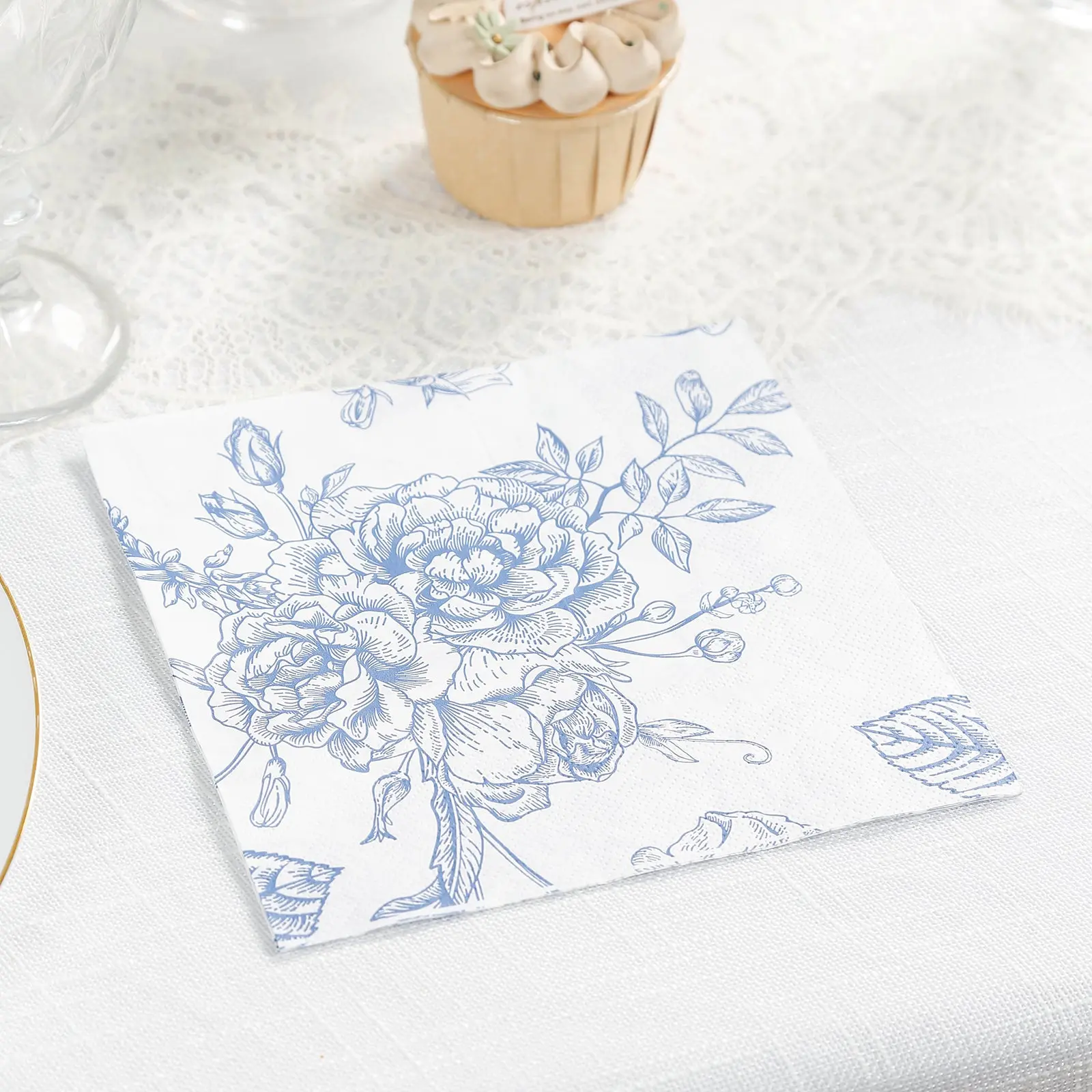 50-Pack Disposable 2-Ply Matte Finish Blue and White French Toile Floral Paper Cocktail Napkins, Highly Absorbent Soft Napkins Bulk for Wedding, Party Beverage, Restaurant Tableware Needs