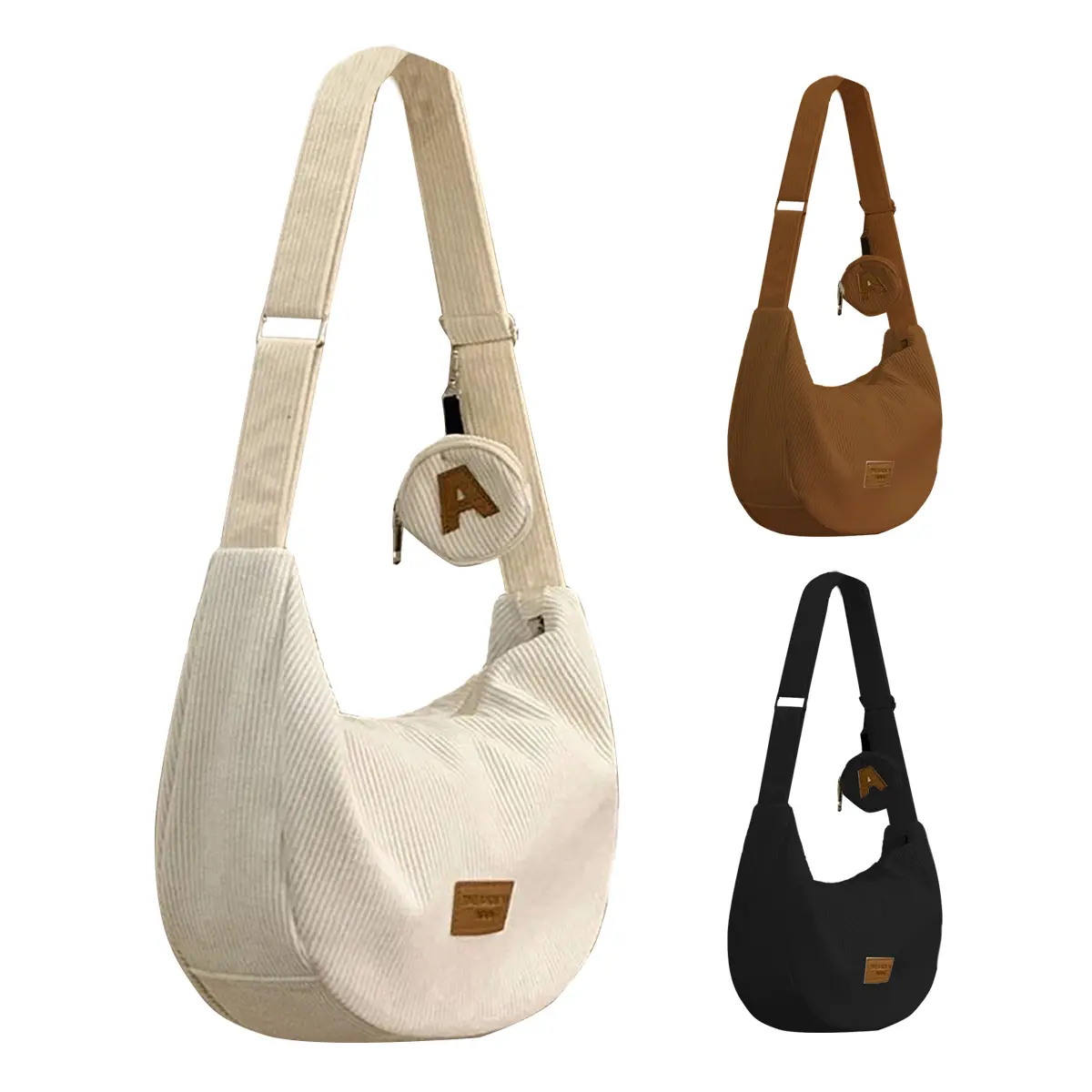 Women's Casual Corduroy Crossbody Bag, Classic Solid Color Dumpling Shoulder Bag with Zipper Closure and Mini Coin Purse, Casual Crossbody Bag