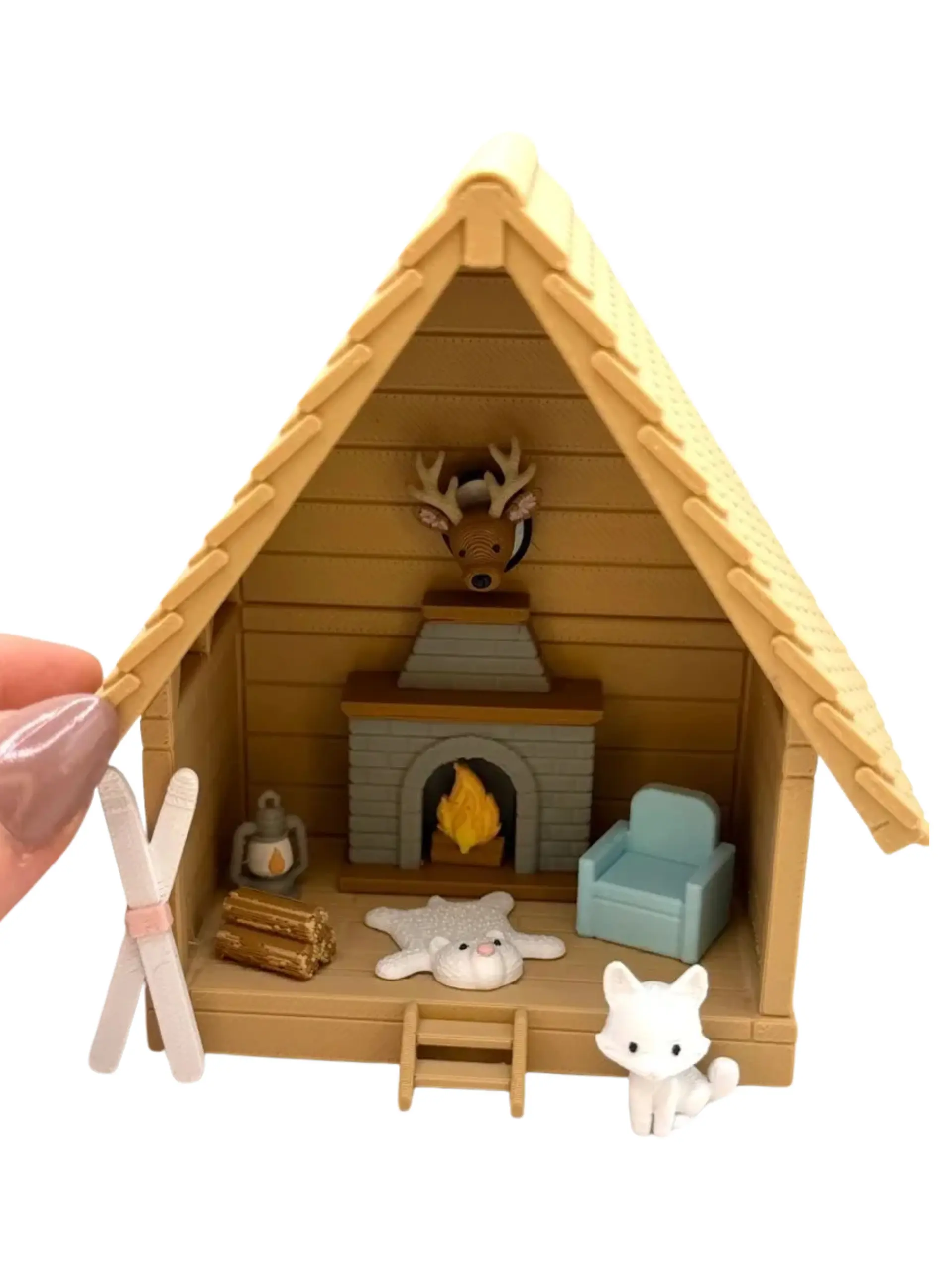 Mini 3D Printed Winter Ski Chalet Lodge w/ fireplace, bear rug, chair, skiis, lantern, mounted deer, arctic fox, decor, Decorative Seasonal Gift