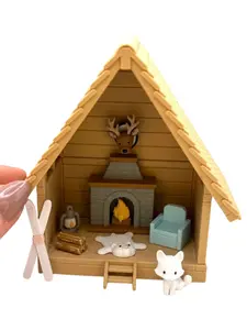 Mini 3D Printed Winter Ski Chalet Lodge w/ fireplace, bear rug, chair, skiis, lantern, mounted deer, arctic fox, decor, Decorative Seasonal Gift