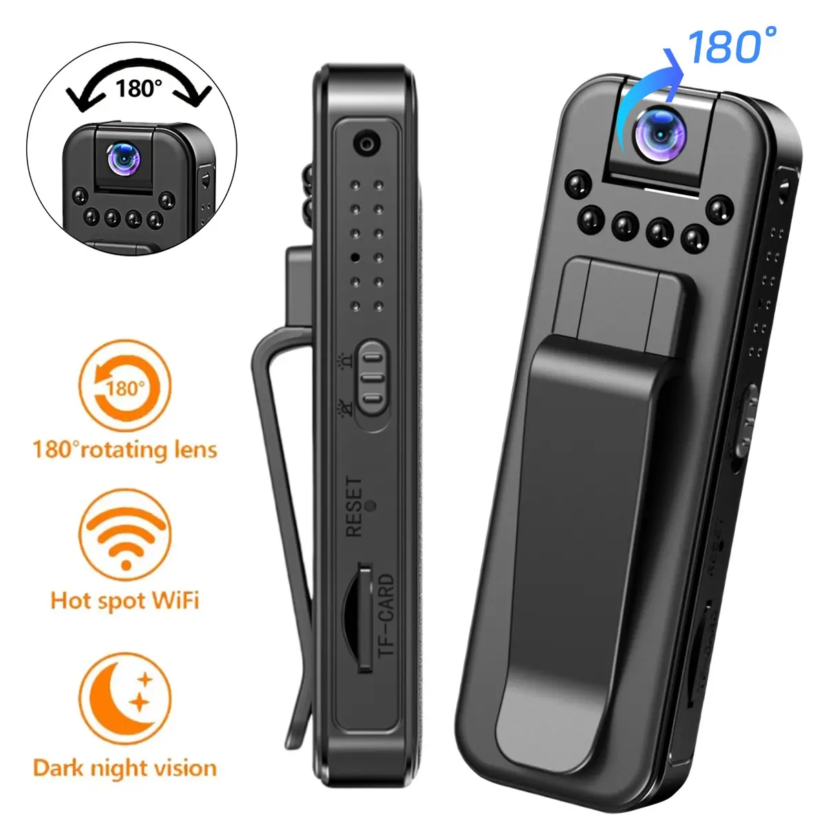 1080P Wearable Action Camera, Portable Clip‑on Design, 180° Rotatable Lens, IR Night Vision, Motion Detection, Loop Recording, Hands‑Free Camera for Outdoor Sports, Cycling, Hiking, Skiing, Security