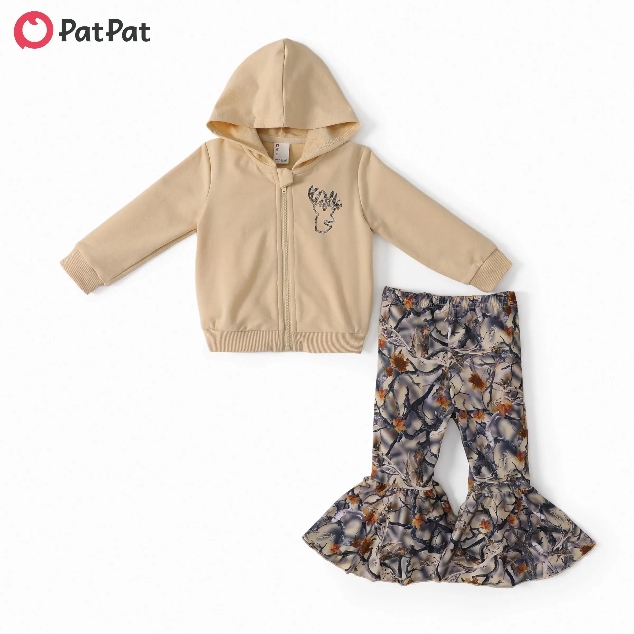 PatPat Baby/Toddler Girls 2pcs Fall Brown Camo Deer Print Bell Pants Set