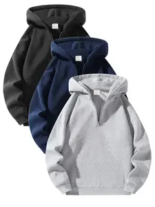 Men's Solid Color Half Zip Up Fuzzy Hoodie, Regular Fit Casual Comfy Thermal Lined Long Sleeve Hooded Sweatshirt Tops for Fall & Winter, Men's Clothes for Daily Wear