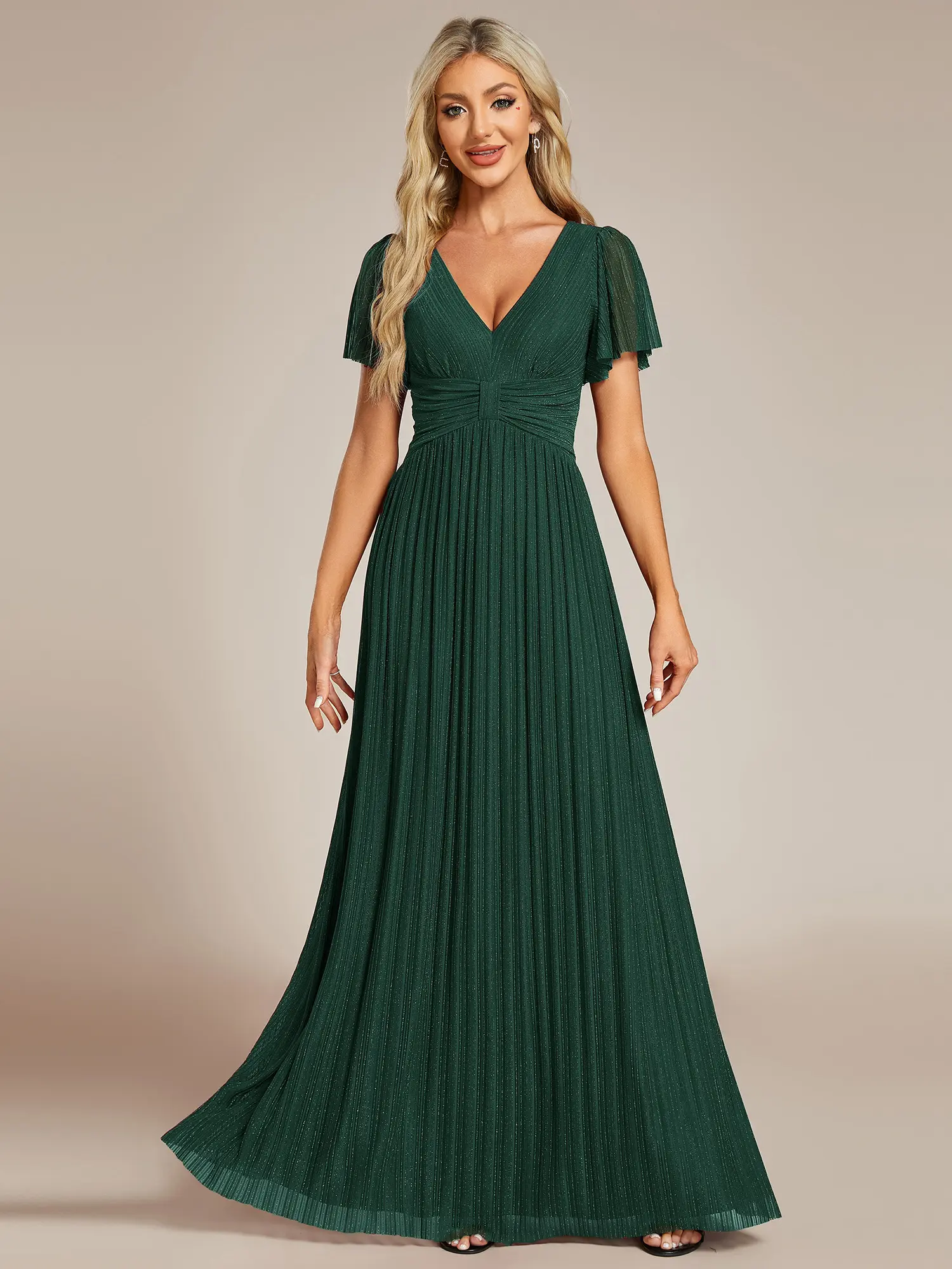Ever-Pretty 2026 Spring  Evening dress, V-Neck Glittery Short Sleeves Formal Evening Dress with Empire Waist 11961  dress Spring  dress