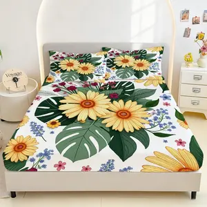 3pcs Floral Leaf Print Bedding Set, Queen King Size, Soft Breathable Durable Deep Pockets, Easy Care, All Seasons