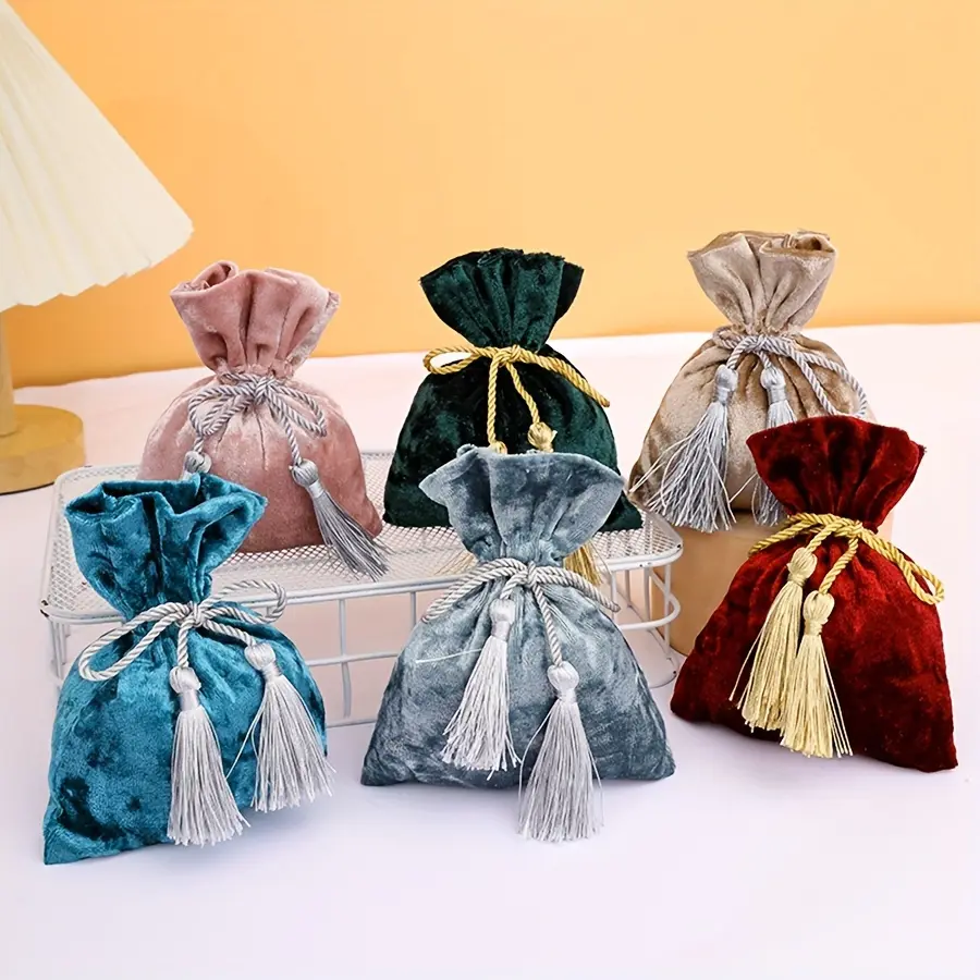 6pcs Patterned Drawstring Bag, Small Soft Fabric Jewelry Pouches for Wedding Gifts and Party Favors, Draw String Bag, Generaling Fit, Pink