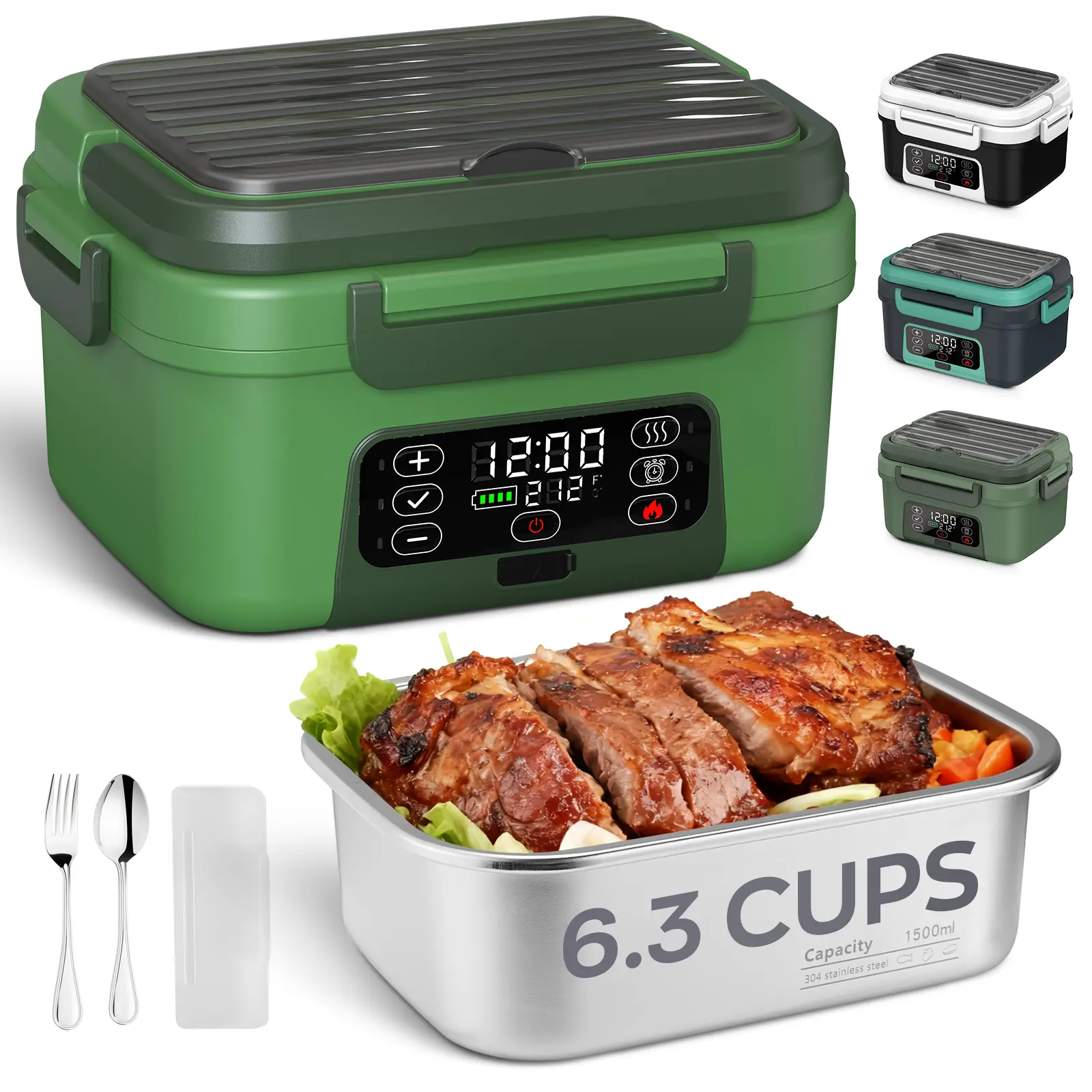 Portable  Electric heating lunch box, Featuring Automatic Heating Function, Intelligent Timer, Large-Capacity Durable Meal Container, Suitable for Trucks/ Cars/Offices/Camping/Travel Rechargeable Lunch Box, Green Meal Box summerwins
