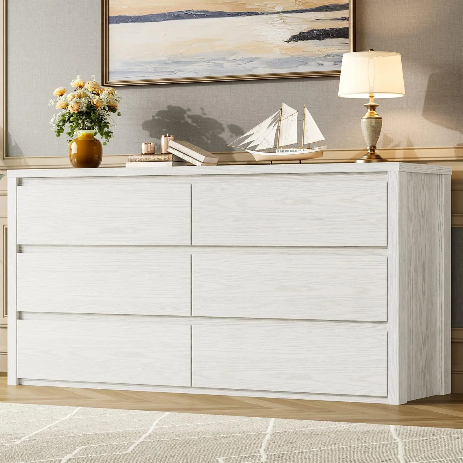 Minimalist 6-Drawer Handle-Free Rectangular MDF Board Wood Dresser, Easy Setup, Large Space Storage for Bedroom, Living Room, Waterproof Base