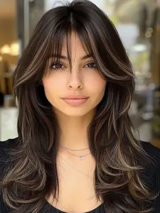 Fashionable New Long Wavy Dark Brown Wigs with Bangs and Highlights for Women, Ordinary Work, Life, Dance Parties and All Occasions, Stylist Friendly Wig