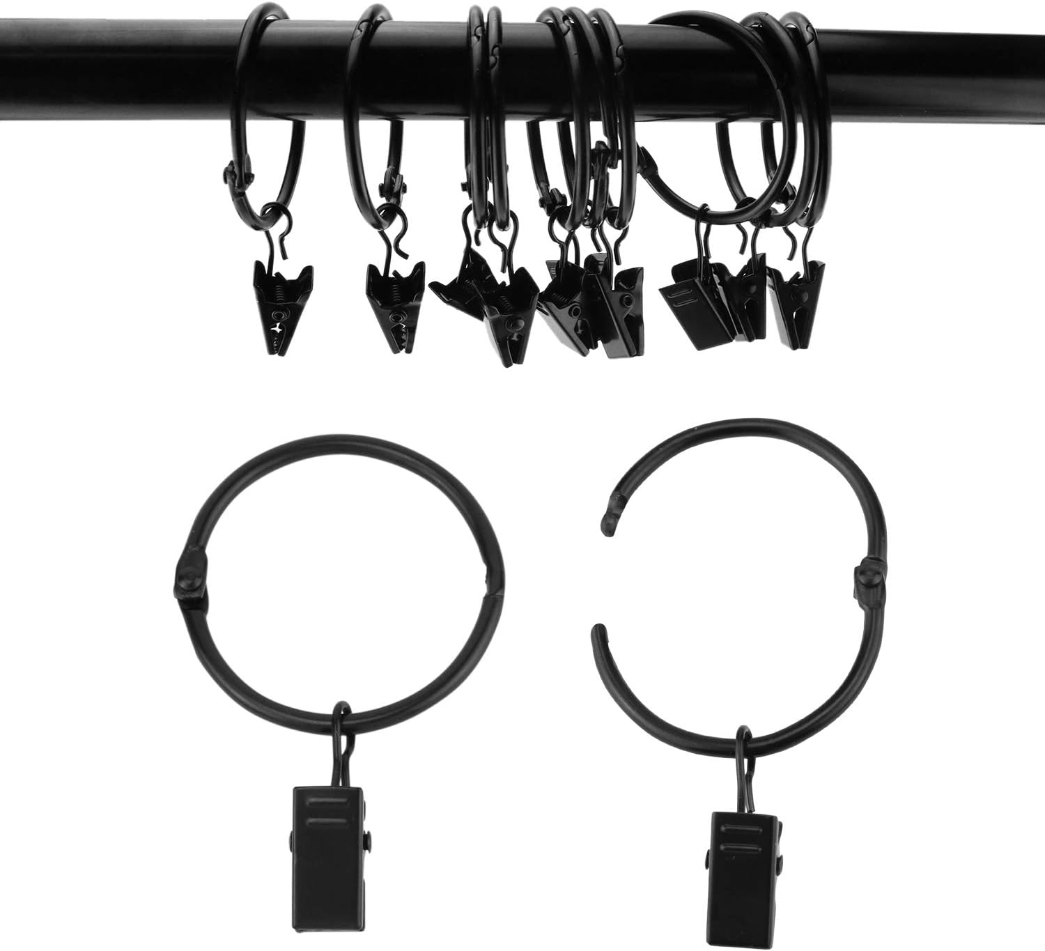 12/24/36 Pack Black Metal Shower Curtain Rings with Clips 1.26 Inch (3.2 cm) Interior Diameter, Fits up to 1.2 Inch Rods, Heavy-Duty Rustproof Decorative Vintage Eyelet Hangers for Drapery, Shower Curtains, Lights, Craft Projects, and Rod Hangers 12/24/36 Pack Black Metal Shower Curtain Rings with Clips 1.26 Inch (3.2 cm) Interior Diameter, Fits up to 1.2 Inch Rods, Heavy-Duty Rustproof Decorative Vintage Eyelet Hangers for Drapery, Shower Curtains, Lights, Craft Projects, and Rod Hangers