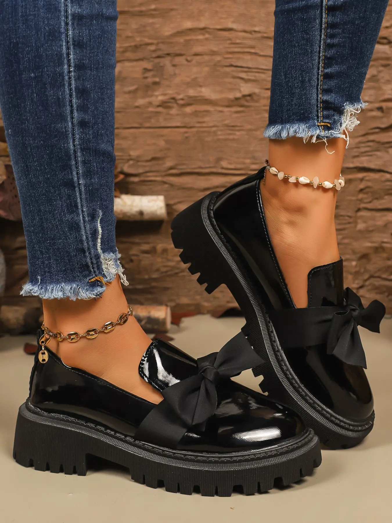Women's Platform Bow Loafers, Fashion Slip-On Flats, Trendy Chunky Rubber Sole Shoes for Everyday Outfits & Casual Looks, Butterfly Knot, Flatform Loafers, PU Leather Loafers, Butterfly Decorated Loafers