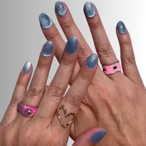 Blue Velvet Cat Eye Press-On Nails - Salon-Quality Finish with Cat Eye Effect & Glossy Topcoat for Everyday Glam