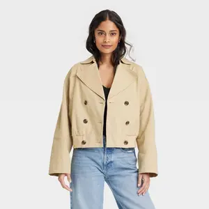 Women's Long Sleeve Trench Coat - Universal Thread Tan XL: Heavyweight Twill, Drawstring Waist, Button Closure