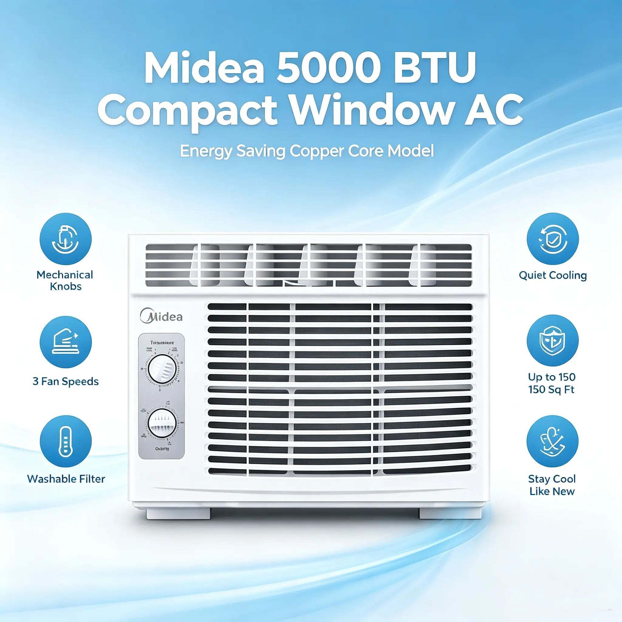 Midea 5000 BTU Compact Window AC | Copper Core Energy Saver, Mechanical Knob Control (No Remote), Quiet Cooling for Bedroom & Office, 150 Sq Ft, 3 Fan Speeds, Washable Filter, Like New