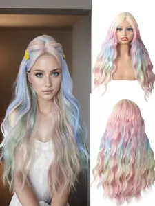 VOSILK Long Wavy Wigs with Bangs Rainbow Highlight Colorful Wavy Wigs Synthetic Heat Resistant Wigs for Daily Party Halloween Festival Uses 24inch