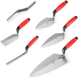 6 count Masonry Hand Tool Set - 11" x 5-1/2" Philadelphia Brick Trowel, 2 count Pointing Trowel, 5" x 2" Margin Trowel, 1/2" Tuck Pointing Trowel, 5/8" x 1/2" Convex Brick Jointer