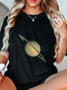 100% Cotton Unisex Saturn Print T-Shirt Cool Space T Shirt Casual Graphic Printed Tee Casual Top