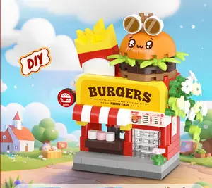 Set of 4 Casual Building Block Toys – Street Scene Mini Shops Series: 7467 Flower Shop + 7471 Shoe Store + 7466 Library + 7462 Burger Restaurant