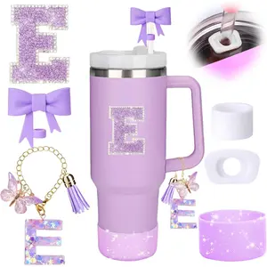 6pcs Purple Stanley Cup Accessories Set,Bow Straw Cover for Stanley Cup 30oz 40oz, Including Straw Topper,Spill Proof Stopper,Sparkly Silicone Boot Set,Handle Charm,Initials Sticker (E)