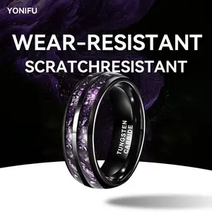 Yonifu 8MM Black 2.5 Dual-Slot Purple Glass Stone Full Polish Tungsten Engagement Ring Men’s Wedding Band