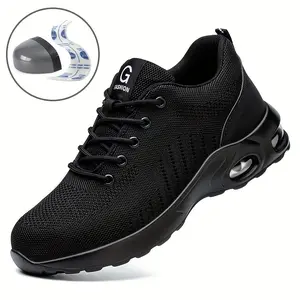 Men's Breathable Safety Sports Shoes with Steel Toe Cap - Durable, Shatterproof Work Shoes Suitable for Construction and Industrial Use, Black Knitted Upper, PU Sole, Lace-up Design, Indestructible Low-top Boots, Construction Shoes | Low-top Sneakers | Br