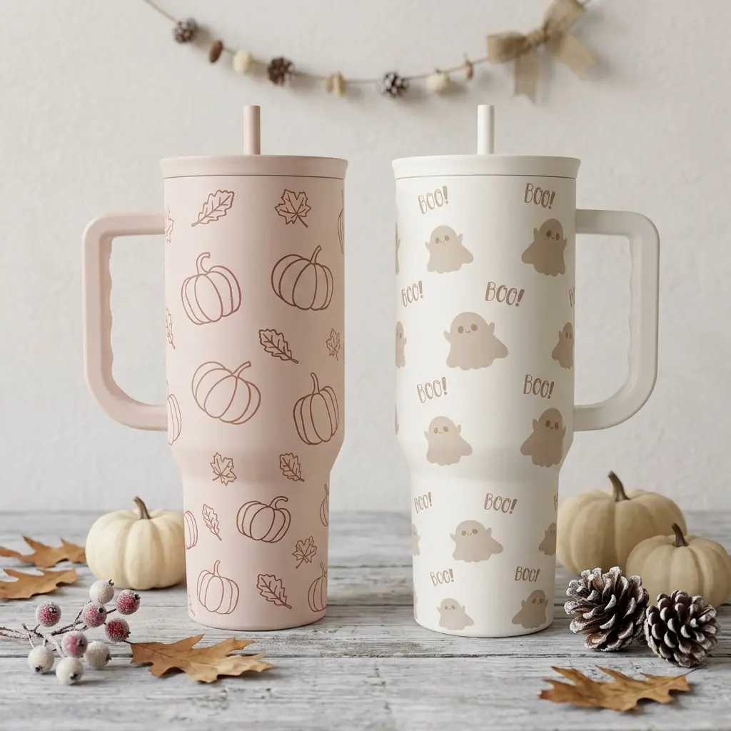 SANDJEST Fall Halloween 40oz Stainless Steel Slider Tumbler with Handle, Insulated Large Capacity Cup, Cup Holder Friendly Gift for Her