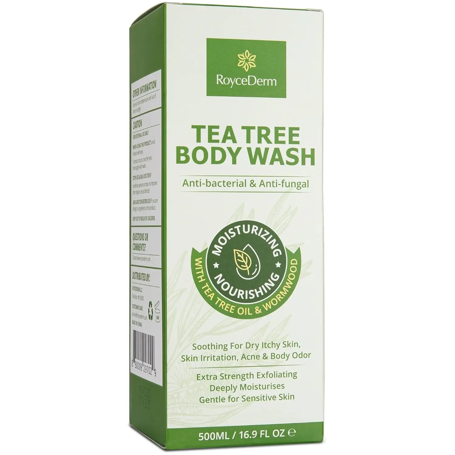Roycederm Tea Tree Body Wash, Refreshing Antifungal & Antibacterial Cleanser with Natural Wormwood, Gentle Daily Body Care, 16.9 fl oz