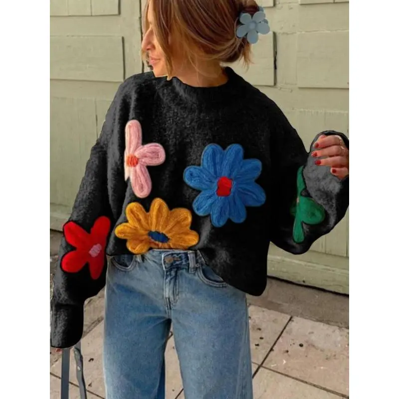 Plus Size Colorblock Floral Embroidered Drop Shoulder Sweater?Pullover, Casual Long Sleeve Mock Neck Jumper for Fall & Winter, Women's Plus Clothing for Daily Wear