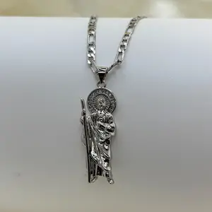 Gold Plated Silver San Judas Necklace with 24" Figaro Chain