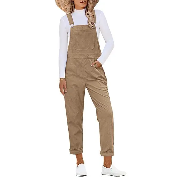 luvamia Women's Corduroy Overalls - Adjustable Straps, Casual, Relaxed Fit, Functional Pockets, Tapered Leg, 90s Trendy Bib Jumpsuit for Weekend Outings, Khaki, Overalls For Women, 90S Overalls